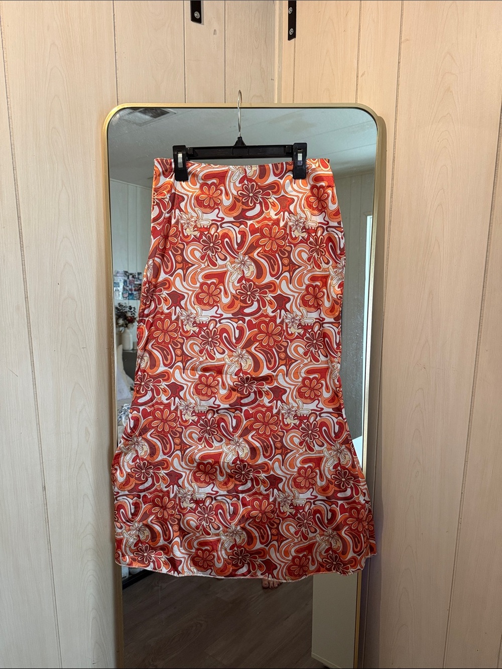 SHEIN Orange Floral Retro-Print Midi Skirt